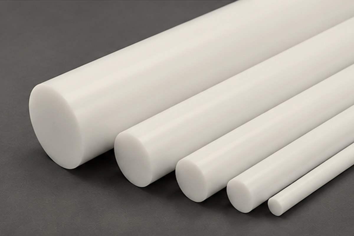 PTFE 로드 — 직경이 다른 백색 PTFE 봉재가 나란히 놓인 모습